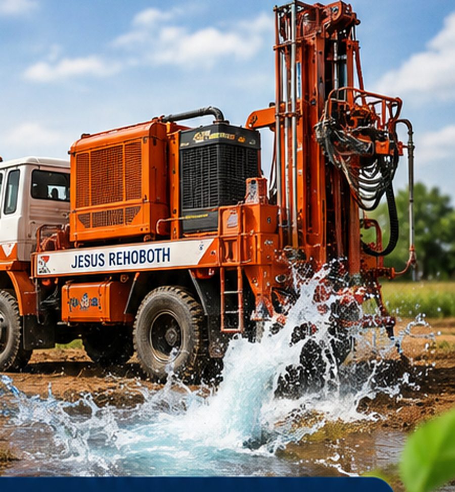 Borewell rig striking water